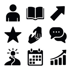 Mentorship Icons Grid. Solid, filled icons set of mentorship and guidance: mentor figure, open book, guiding