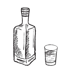 Glass bottle with vodka or brandy, and a glass, used for drinking in black brush stroke texture isolated on white. Hand drawn vector sketch illustration in vintage charcoal ink. Alcohol beverage