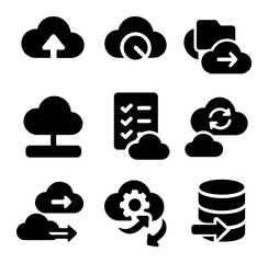 Cloud Migration Icons. Solid, filled icons set of cloud migration process: upload arrow, progress cloud, file