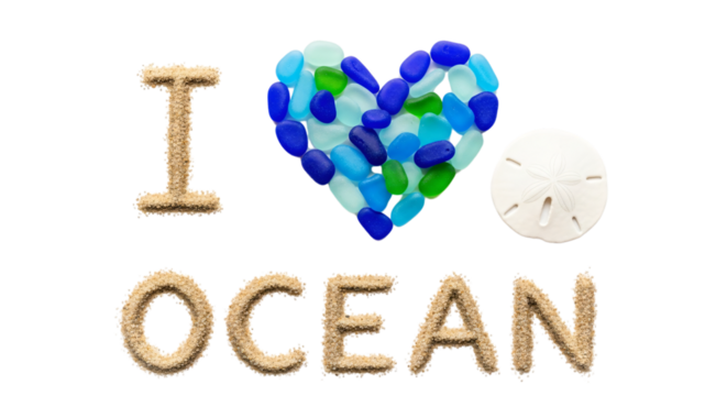 "I Love Ocean" message, sand lettering, sea glass heart, sand dollar, isolated on white & transparent background. Ideal for World Ocean Day, marine conservation, beach travel promotions,