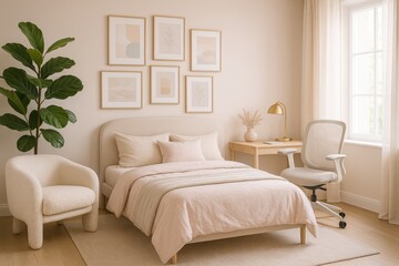 Inviting modern guestroom with warm accents and comfortable furniture