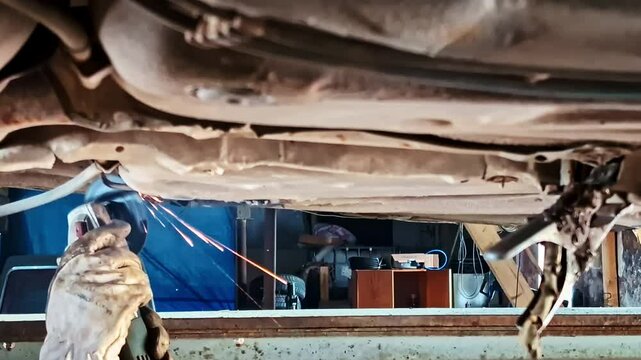 Sparks fly as a mechanic uses a grinder under a lifted car in workshop