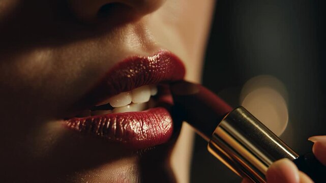 Woman applies dark red lipstick in front of a blurry light at night, creating a classic and beautiful makeup look
