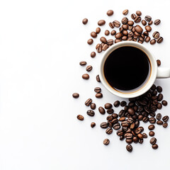 Rich coffee cup surrounded by roasted beans