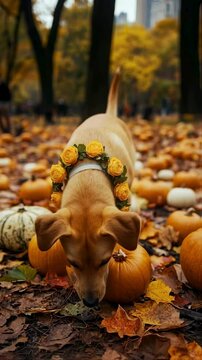 Adorable Dog Amidst Autumn Pumpkins and Fall Foliage