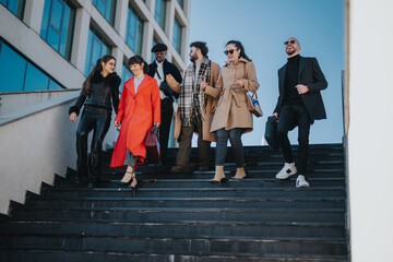 Six diverse individuals, dressed fashionably, walking down outdoor stairs in an urban environment, suggesting teamwork, friendship, and a professional atmosphere. The image conveys positivity and