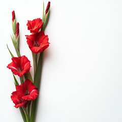 Fresh gladiolus flowers in vibrant red on white background