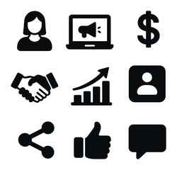 Digital Influence Icons. Solid, filled icons set of digital influencer affiliate campaigns: influencer icon,
