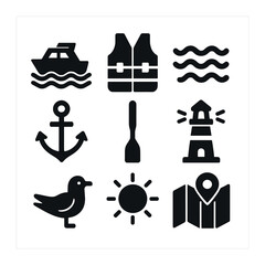 Boat Ride Icons. Solid, filled icons set of taking a boat ride: boat icon, life jacket, waves, anchor, paddle,
