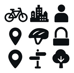 City Cycling Icons. Solid, filled icons set of cycling in city bike lanes: bike, city skyline, person icon,