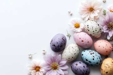 Obraz premium Easter eggs pastel flowers on white speckled in purple pink blue yellow cream arranged on a clean surface
