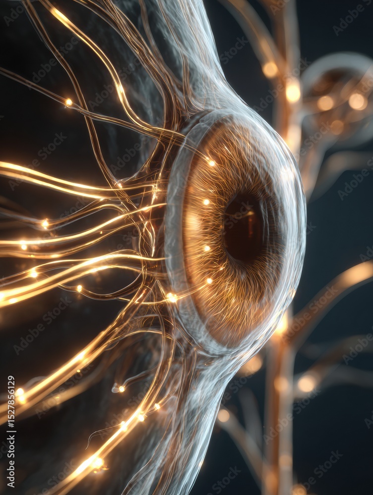 Poster exploring optic nerve and eye anatomy with a futuristic glow showcasing detailed structures and conn