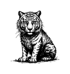 Majestic sitting tiger vector illustration with bold stripes and fierce gaze facing forward