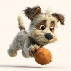 Cute animated puppy joyfully playing with a brown ball in mid-air against a light background