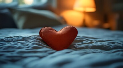 A red heart-shaped pillow rests peacefully on a rumpled bed, creating a cozy atmosphere.