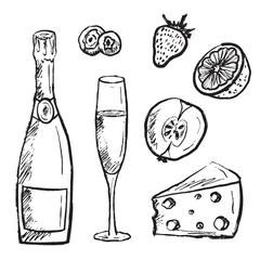 Champagne bottle with drinking glass, blueberry, strawberry, cheese and apple in black brush stroke texture isolated on white. Hand drawn vector sketch illustration in vintage charcoal ink