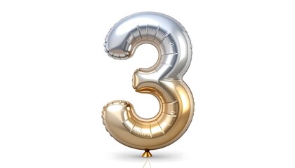 Number three balloon silver and gold foil balloon for birthday party celebration decoration element generative ai 