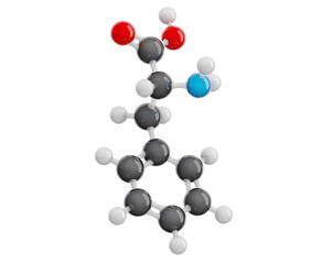 Phenylalanine (Phe) molecule isolated on transparent background. Essential amino acid. Molecular formula: C9H11NO2. Chemical model: Ball and stick. 3D illustration.
