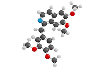 Papaverine molecule isolated on transparent background. Detailed 3D model of antispasmodic drug. Molecular formula: C20H21NO4. Chemical model: Ball and Stick. 3D illustration.