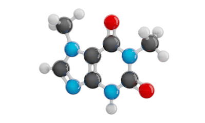 Paraxanthine molecule isolated on transparent background. Detailed 3D model. Molecular formula: C7H8N4O2. Chemical model: Ball and Stick. 3D illustration.