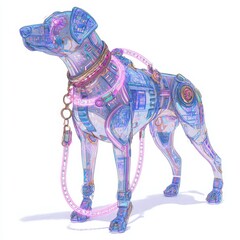 Futuristic Robotic Dog with Circuit Patterns and Neon Glow in a White Background