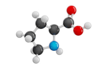Proline (Pro) molecule isolated on transparent background. Conditionally essential amino acid. Molecular formula: C5H9NO2. Chemical model: Ball and stick. 3D illustration.