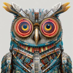 Detailed futuristic owl sculpture made of metal parts and circuits showcasing intricate design and vibrant colors