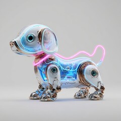 Futuristic robotic dog with bright neon lights and transparent elements showcasing advanced technology and playful design