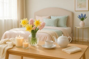 Elegant pastel bedroom with soft colors and calming decor