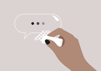 A hand with an eraser touches a vibrant speech bubble of colored dots—symbolizing censorship or content editing, a message subtly altered or entirely erased