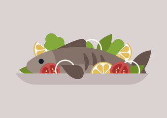 A side view showcases fish artistically arranged with slices of lemons, red tomatoes, onion rings, and leaves, all served on a plate