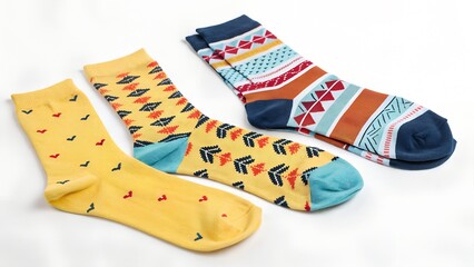 Vibrant Yellow and Teal Patterned Socks Pair Set on White Background Stylish Apparel Fashion Accessory for Men Women Adults Cotton Blend Comfortable Socks Textile Design Geometric Prints