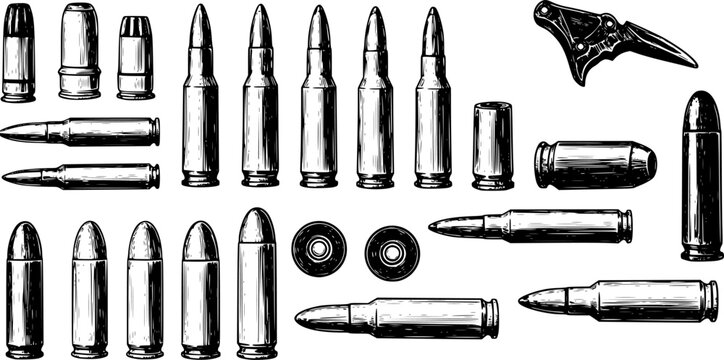 Set of Illustrations of bullets and cartridges in vintage monochrome style. Design element for logo, label, sign, emblem, poster. Vector illustration
