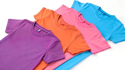 Vibrant Collection of Colorful T-Shirts Layered on White Background Featuring Purple Pink Orange and Blue Apparel for Fashion Design and Branding Concepts
