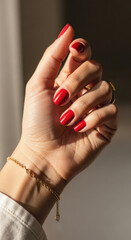 Elegant woman's hand with a perfect classic red manicure. Female hand showing beautiful nails with red polish, wearing a gold bracelet. Beauty salon, skincare, and self-care.