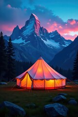 Illuminated canvas tent, majestic Dolomites backdrop, picturesque, tent, adventure