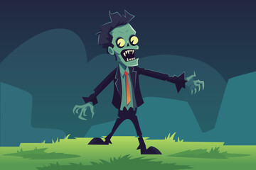 Zombie in a suit with a red tie. Zombie climbed out of the grave and walks on the green grass. Walking dead. Zombie walks on the lawn, vector illustration.