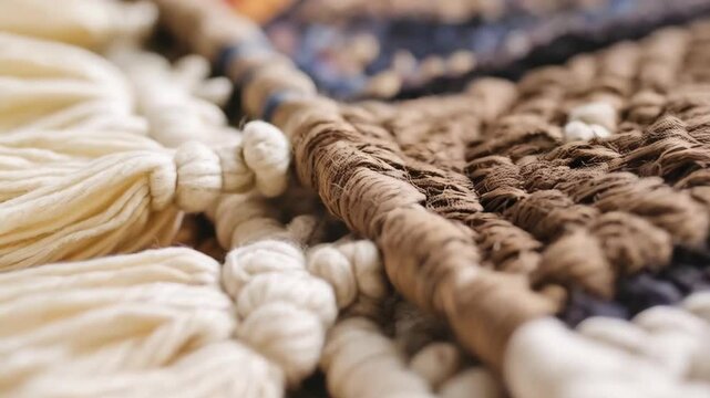 Close-up of textured handmade wall art hanging with off-white, brown, and navy wool yarn for a fiber craft, or macrame design in a cozy interior.