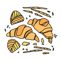 Illustration of french breakfast bread basket, croissants, breadsticks, puff pastry with apples