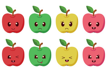 A set of colorful kawaii apples with emotions.