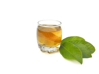 Guava leaf boiled water in glass and fresh guava leaves. Healthy drink lifestyle