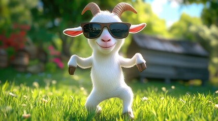 A cartoon goat wearing sunglasses, standing in a grassy field, appearing playful and cheerful.  The goat is posed in a dynamic, almost dancing position, with its arms bent outward.
