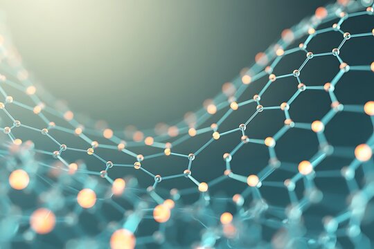 Abstract 3d rendering of nanomaterial structure with molecular hexagonal lattice in focus