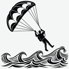 A person parasailing over the ocean silhouette design vector art and illustration