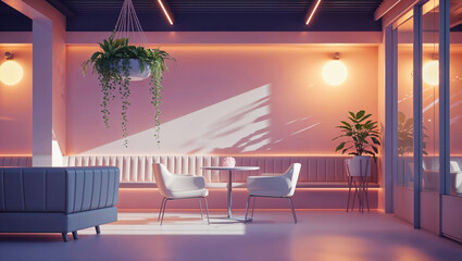 Modern cafe interior design with soft pastel color tones and interior plant decor