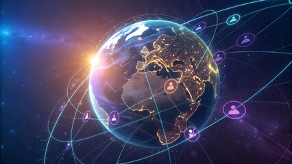 Mesmerizing Radiant Digital Globe with Ethereal Icons in Vibrant Futuristic Tech Harmony