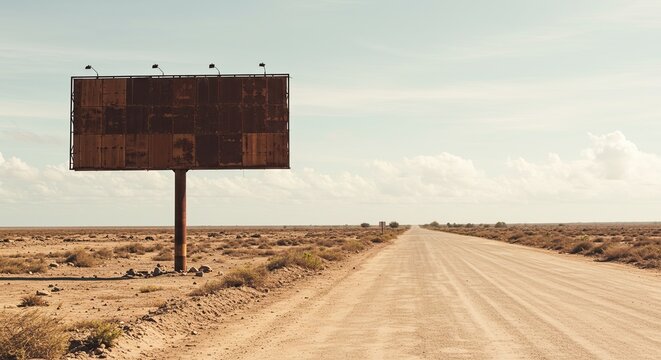 An abandoned billboard stands beside a dusty road in a desolate desert landscape.