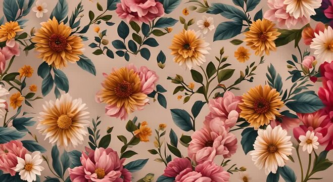 Beautiful floral pattern design with vibrant flowers in various shades on a light background