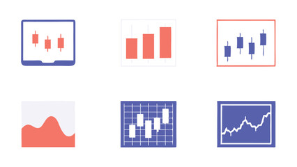 Illustration of various financial charts including candlestick and line graphs on white background