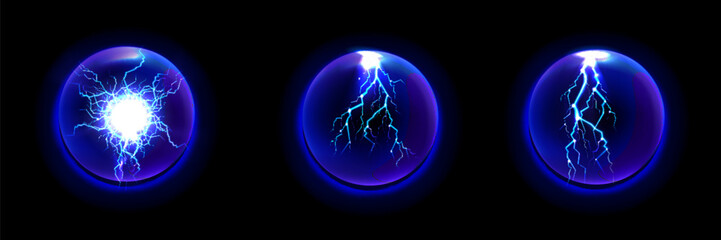 Powerful plasma spheres with electric discharge. Vector isolated energy balls with bolts and lightning in core. Magical realistic effect with blast and glowing, current of electricity inside
